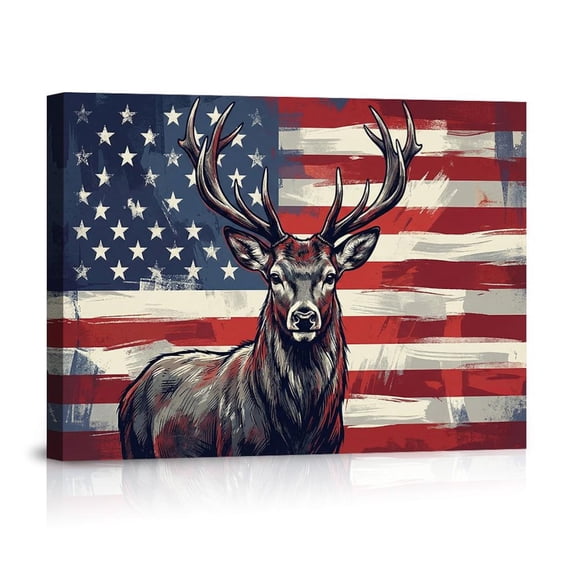 Deer With American Flag Background Wildlife Rustic Americana For Home Canvas