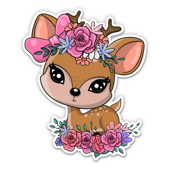 Deer With Flowers Boho Cute Fawn - 5" Vinyl Sticker - For Car Laptop I-Pad - Waterproof Decal