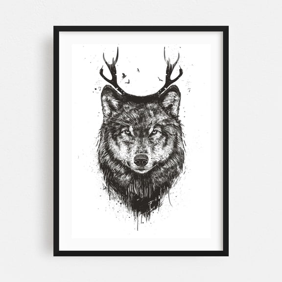 Deer Wolf - Illustration Animal Wildlife Mystical Woodland Nature Forest Sketch Black Framed Wall Art Print 20 x 30 inches