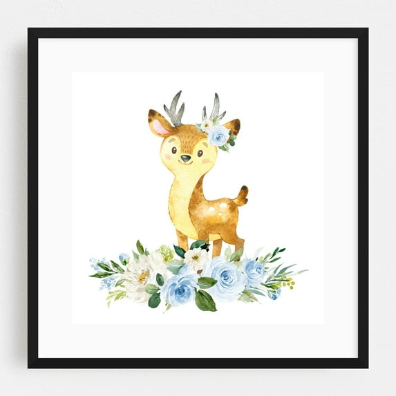 Deer, Woodland Animals, Forest Animals, Boho, Blue Flowers, Boy Nursery - Illustration Watercolor Deer Floral Whimsical Animal Woodland Black Framed Wall Art Print 16 x 16 inches