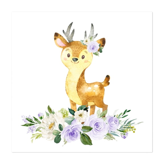 Deer, Woodland Animals, Forest Animals, Boho, Purple Flowers, Gender Neutral Nursery - Illustration Deer Floral Watercolor Animal Whimsical Woodland Unframed Wall Art Print 12 x 12 inches