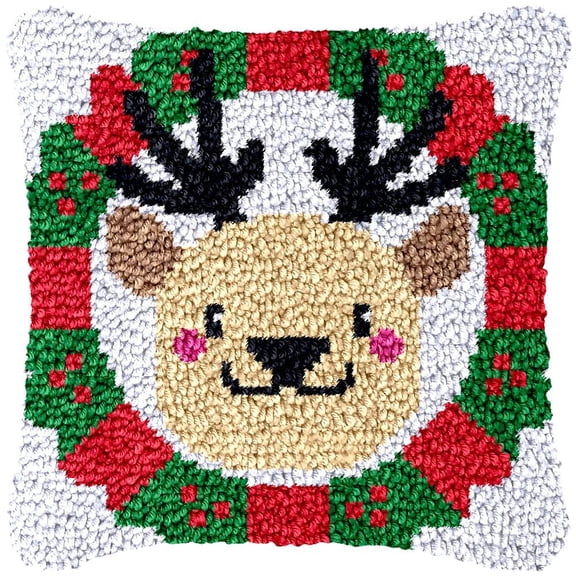 Deer Wreath Latch Hook Kits Pillow DIY Rug Cushion Making Kits with preprinted Pattern Canvas Instruction Yarns and Latch Hooking Pillow Cover Easy to Start DIY Home Decor Kits 43x43cm