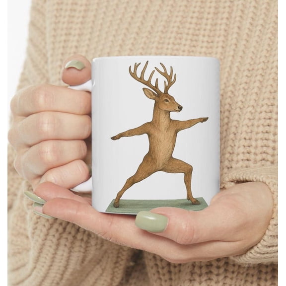 Deer Yoga Mug, Warrior Pose, Ceramic Coffee Cup, Animal Lover Gift, Meditation Tea Cup, Funny Doe Present