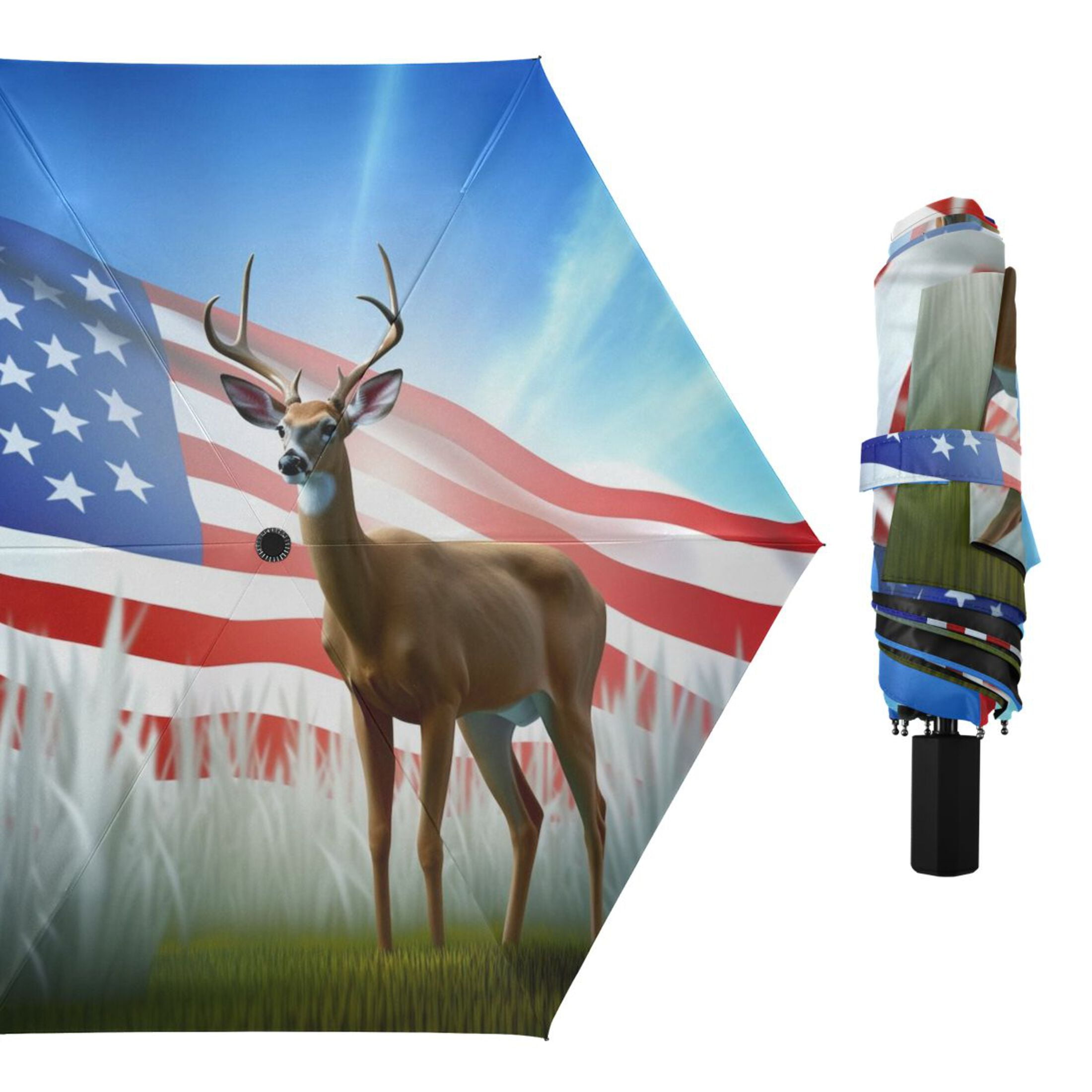 Deer and American Flag Compact Sun Umbrella Windproof Travel Umbrellas for Rain Strong Portable UV Protection