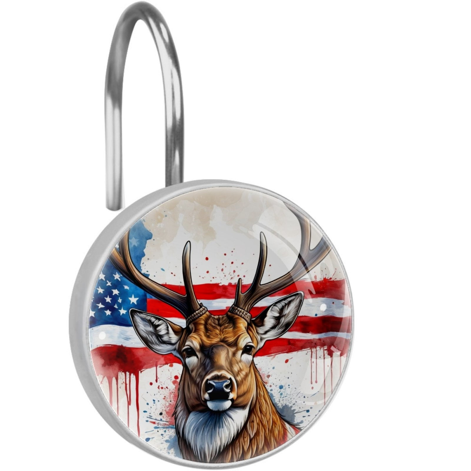 Deer and American Flag Shower Curtain Hooks （Set of 12） for Home Hotel Shower Rods Bathroom Crystal Glass Print Stainless Steel Round Curtain Hooks