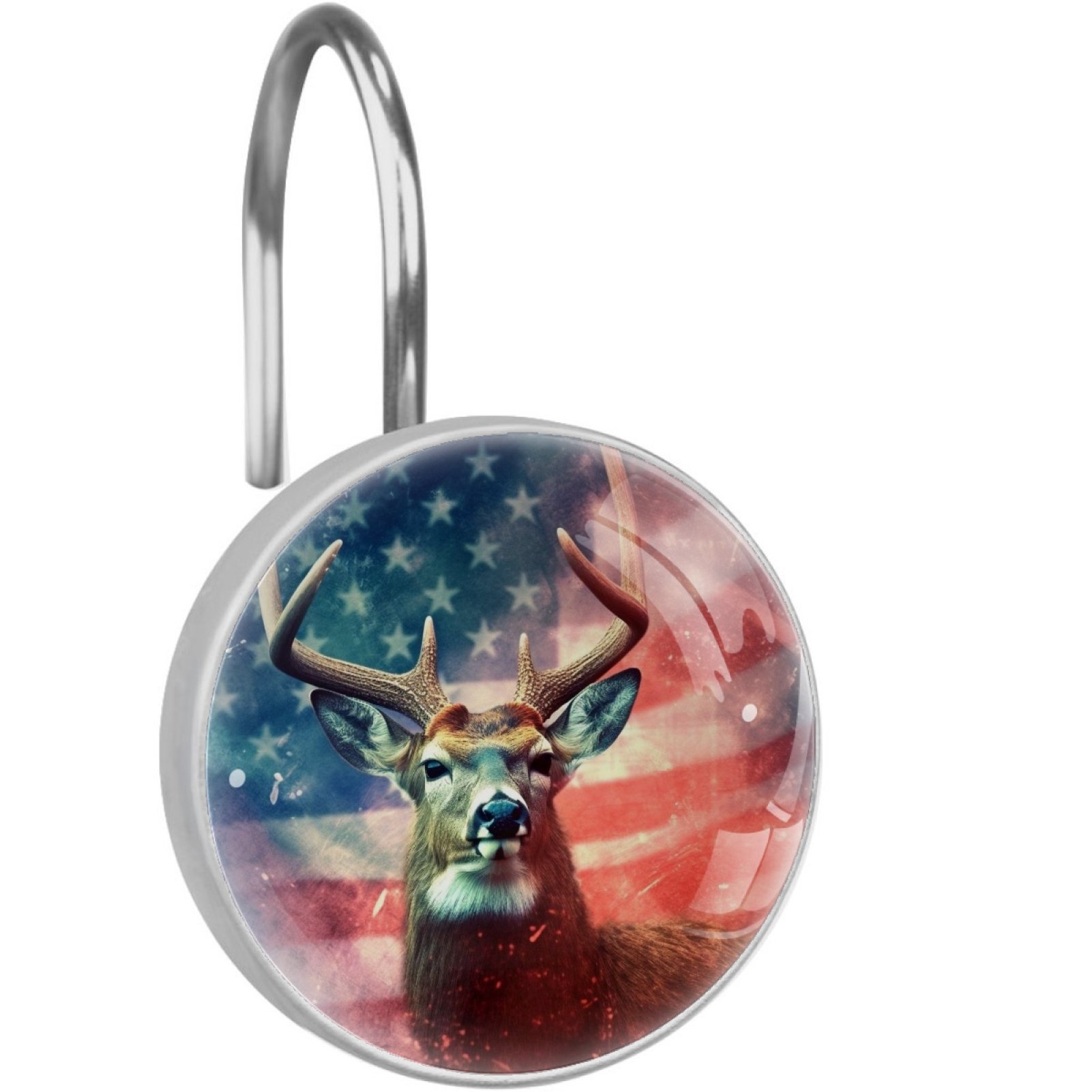 Deer and American Flag Shower Curtain Hooks （Set of 12） for Home Hotel Shower Rods Bathroom Crystal Glass Print Stainless Steel Round Curtain Hooks