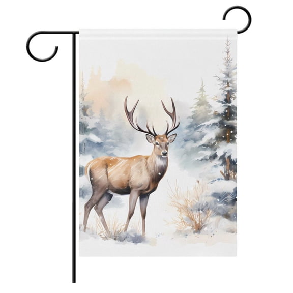 Deer and Christmas Tree Snow Garden Flag House Banner Double Sided Outdoor Yard Decoration 12" x 18"