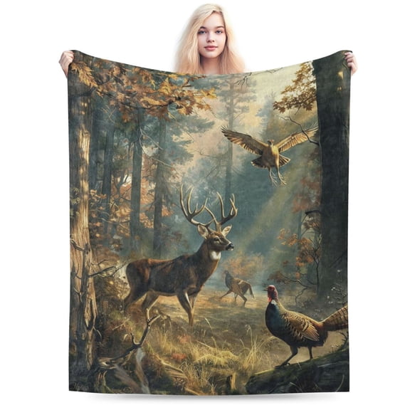 Deer and Forest Scene Throw Blanket Gifts, Blanket with Wildlife Nature Print 60x50