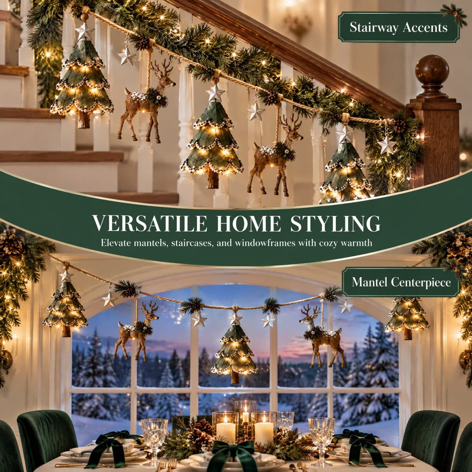 Deer and Mini Christmas Tree Garland String Banner Lighted Hanging ...