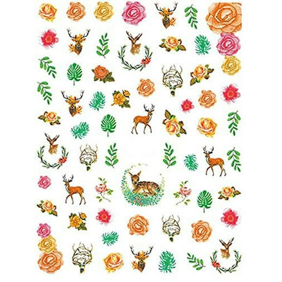 Deer and Nature Inspired Different Assortment of Roses Leaves and Flowers Along with Bambi Deers and Antlers Buck