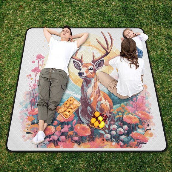 Deer and Trees Flowers Mountains Beach Blanket Outdoor Picnic Blanket 78"x 78" Waterproof Foldable for Beach Camping Travel Hiking Grass Lawn Park