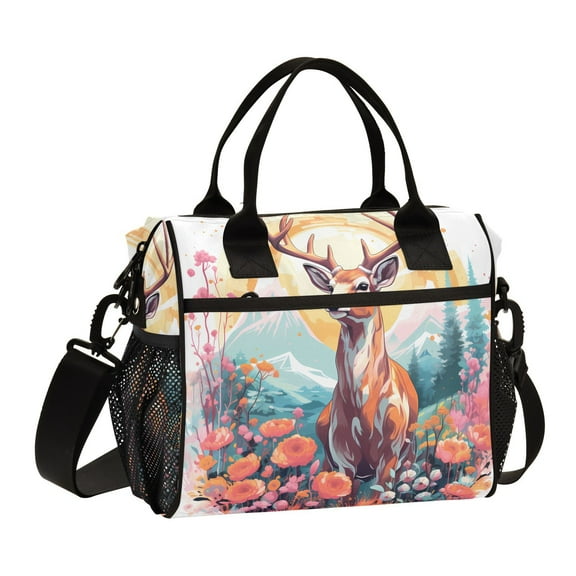 Deer and Trees Flowers Mountains Cooler Bag Lunch Bag Soft Cooler Cooling Tote Insulated Lunch Box for Adult Men Women