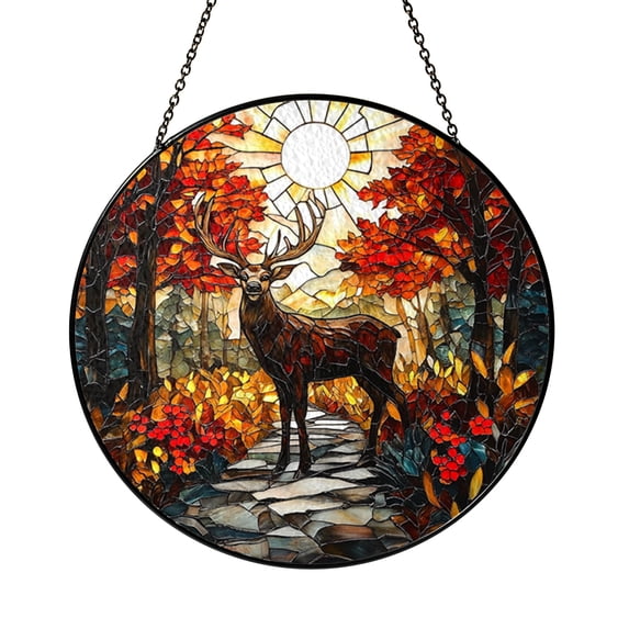 Deer and Trees Round Suncatcher, Stained Glass Style Autumn Forest ...