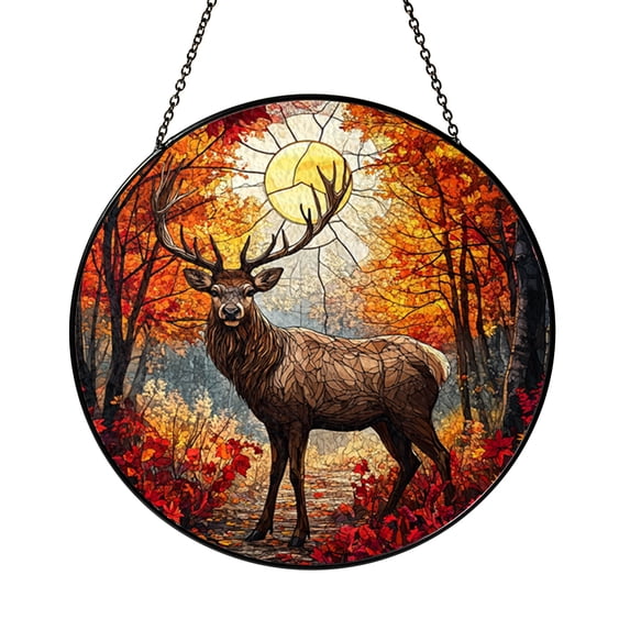 Deer in Autumn Forest Stained Glass Suncatcher Round Window Hanging ...