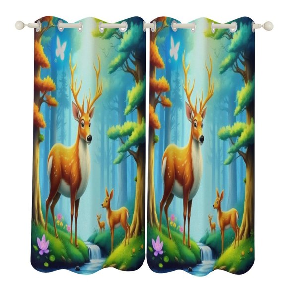 Deer in Enchanted Forest 2 Panels Blackout Curtains for Bedroom Living Room Drapes Kitchen Room Window Blackout Curtain Grommet