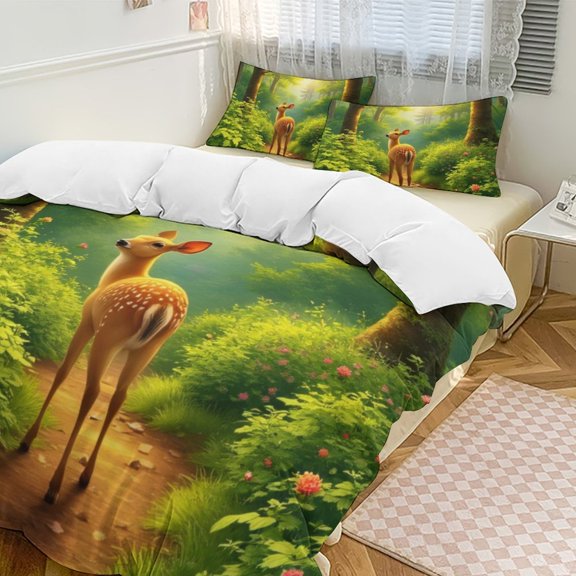 Deer in Enchanted Forest 3D Duvet Cover Set Quilt Cover Theme of teenager for Bedroom Decoration