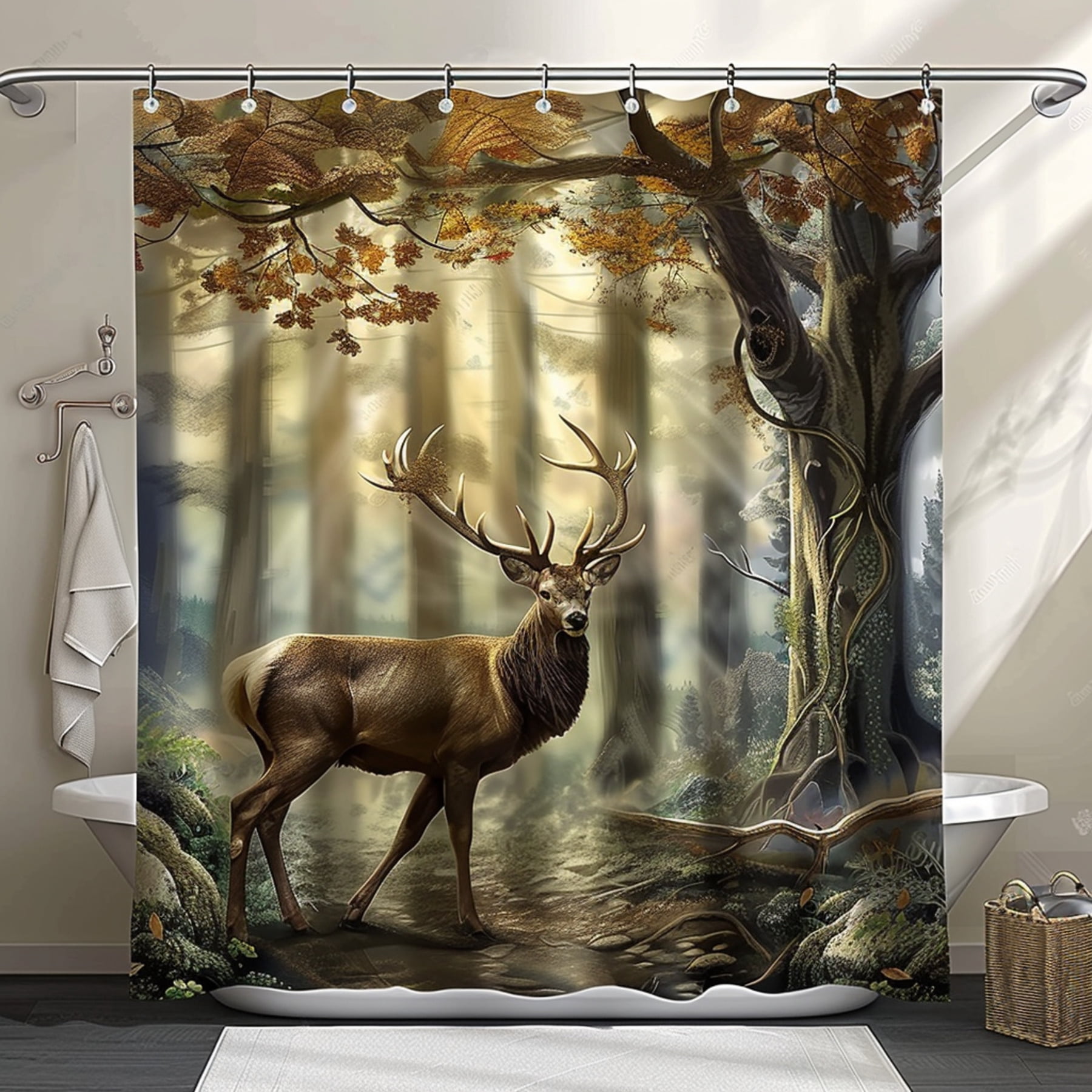 Deer in Forest Bathroom CurtainNature ThemeHighly RealisticStunning Forest ...