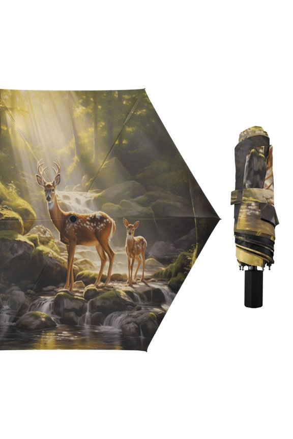 Deer in Forest Compact Sun Umbrella Windproof Travel Umbrellas for Rain Strong Portable UV Protection