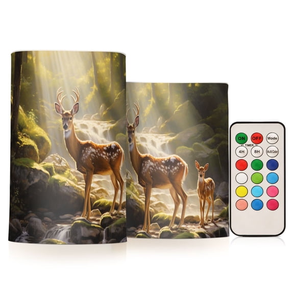 Deer in Forest Flameless Candles with Remote Timer LED Battery Operated Flickering Candle Light for Festival Wedding Home Party