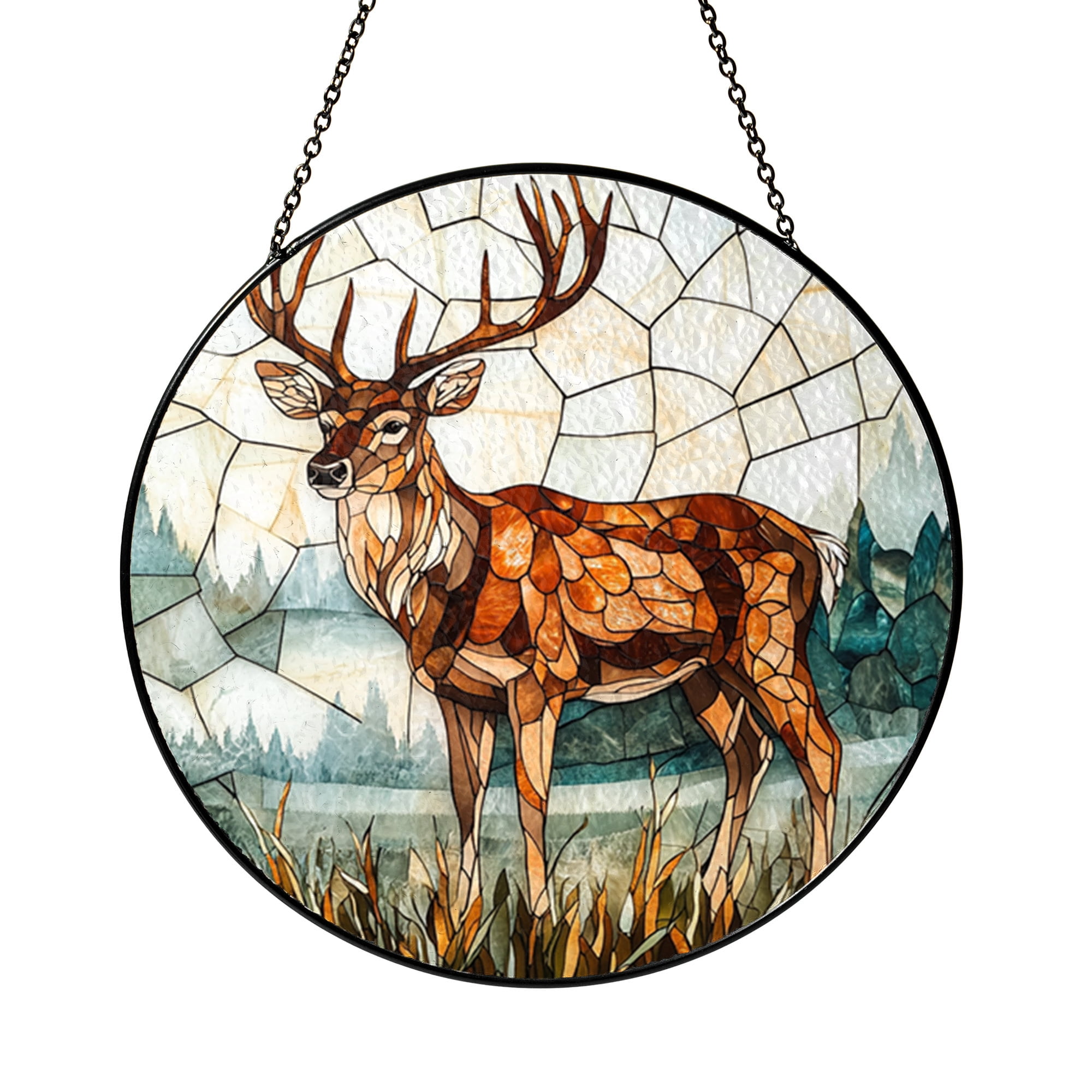 Deer in Forest Stained Glass Suncatcher Round Window Hanging Panel for ...