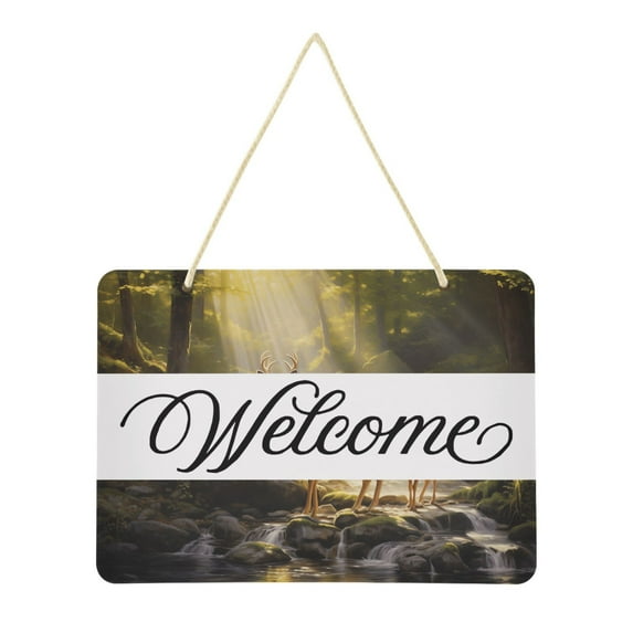 Deer in Forest Welcome Sign Front Door PVC 14x10 inch Hanger Hello Sign Farmhouse Wall Porch Home Outside Decor
