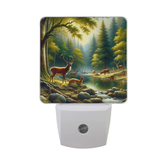 Deer in Forest by Water Night Light 2 Pack LED Nightlight Plug into Wall Dusk to Dawn Sensor Soft White