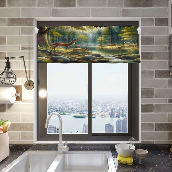 Deer in Forest by Water Valance Curtains Rod Pocket for Kitchen Living Room Windows Farmhouse Decor 54x18