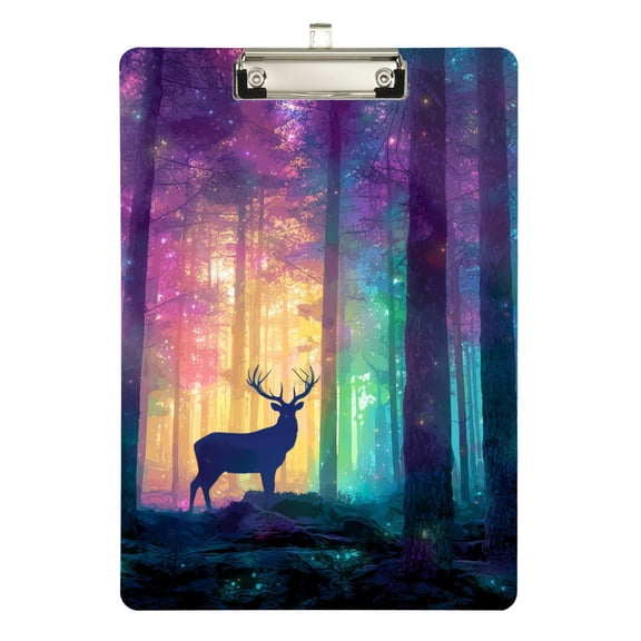 Deer in Forest with Colorful Light Acrylic Clipboard Drawing Board with Hook Writing Pad File Storage A4 Size Silver 12.5" x 9"