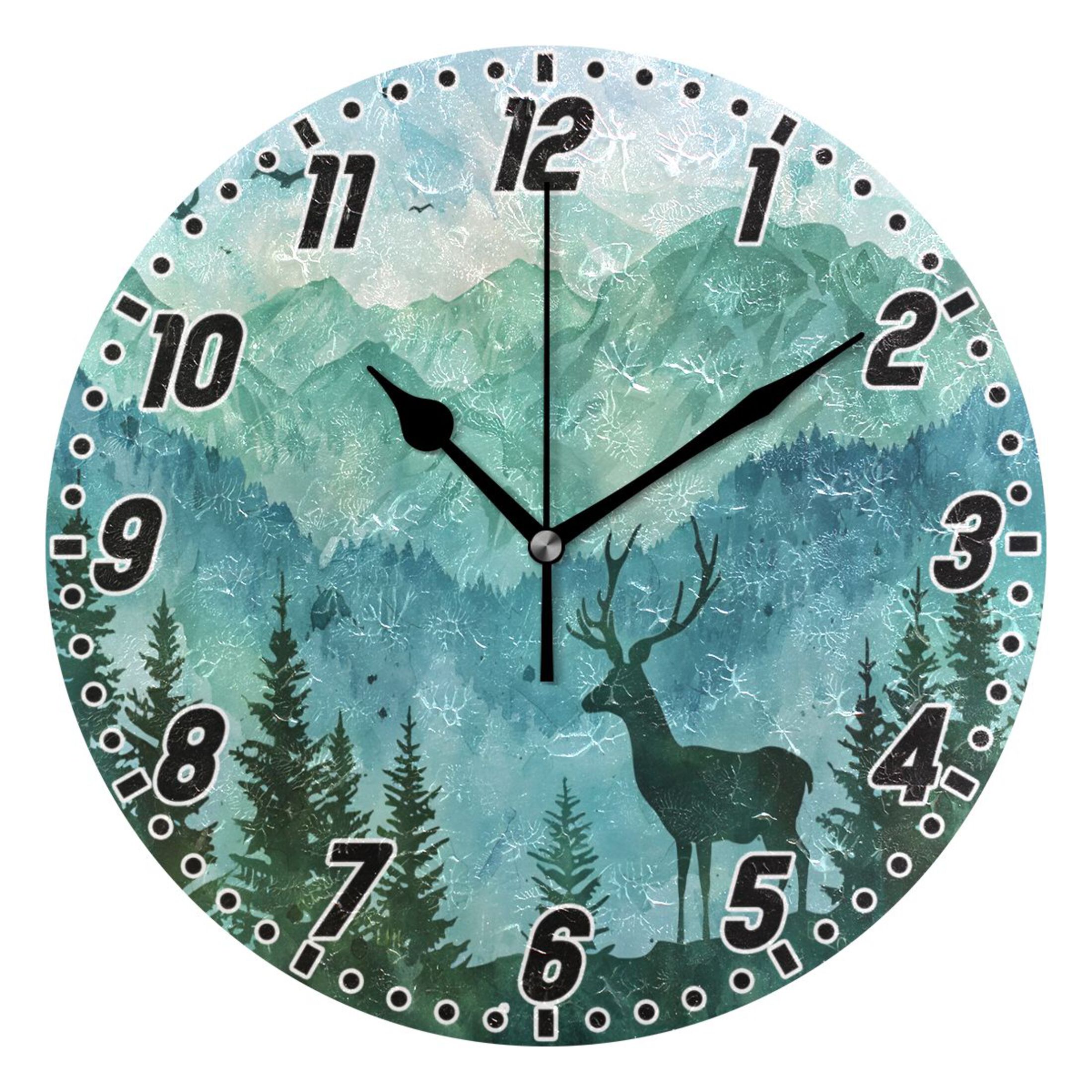 Deer in Forests Round Wall Clock Battery Operated Silent Non-Ticking ...