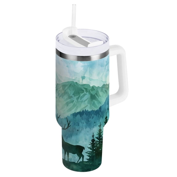 Deer in Forests Tumbler with Handle and Straw Lid 30 oz Insulated Vacuum Water Bottle Stainless Steel Travel Cup