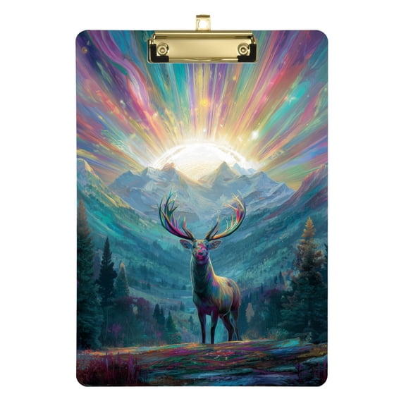 Deer in Mountains with Aurora Light Acrylic Clipboard Drawing Board with Hook Writing Pad File Storage A4 Size Gold 12.5" x 9"