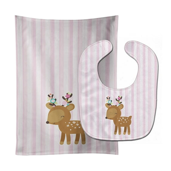Deer in Pink Stripes Baby Bib and Burp Cloth