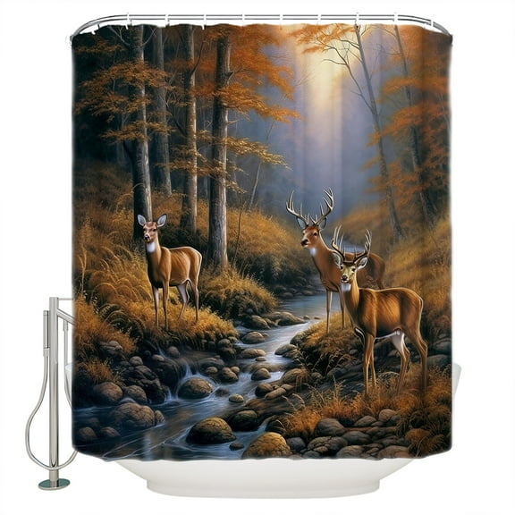 Deer in Shower Curtain, 60" x 72", Sunset Forest with Stream and Trees Waterproof Bathroom Curtain Washable Shower Curtain Set with 12 Hooks