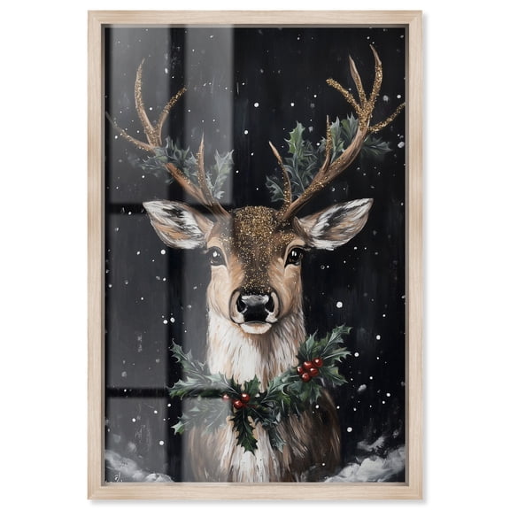 Deer in Snowfall Shadowbox Print Christmas Wall Decor by Art Remedy, Blonde Frame, 21 x 31