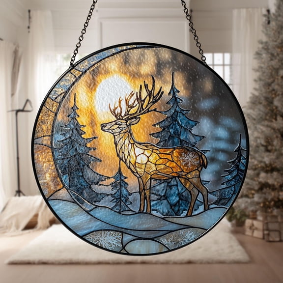 Deer in Winter Forest Glass Suncatcher, Woodland Holiday Ornament