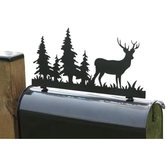 Deer in Woods Metal Mailbox Topper, (Matte Black)$$Garden & Patio