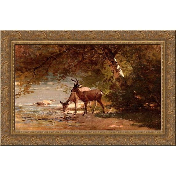 Deer in a Landscape 24x16 Gold Ornate Wood Framed Canvas Art by Thomas Hill