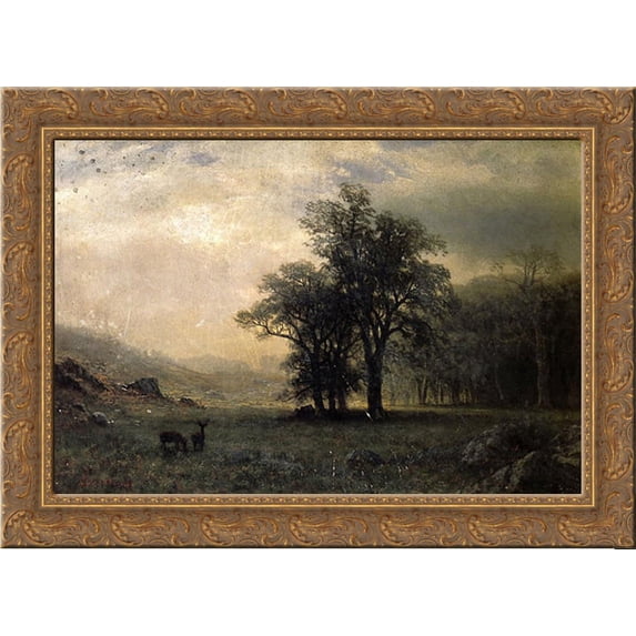Deer in a Landscape 24x19 Gold Ornate Wood Framed Canvas Art by Bierstadt, Albert