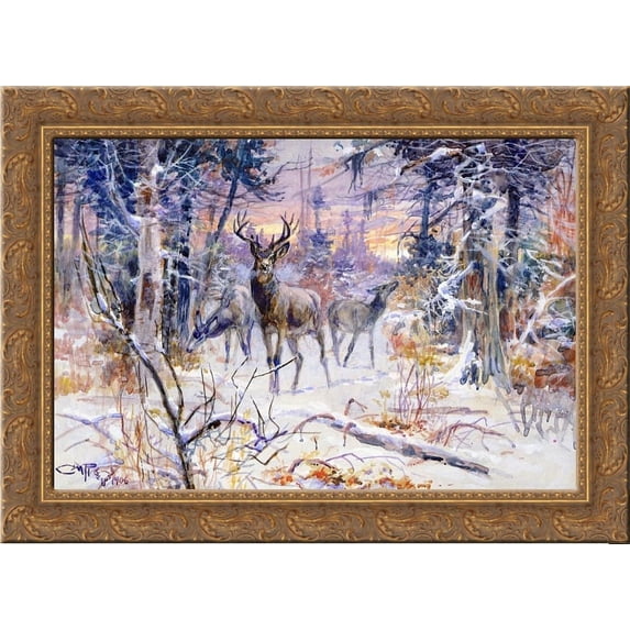 Deer in a Snowy Forest 24x18 Gold Ornate Wood Framed Canvas Art by Charles M. Russell