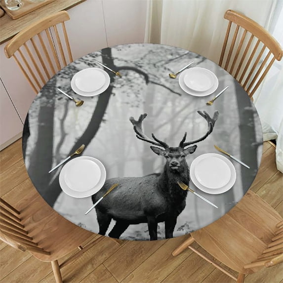 Deer in the misty autumn forest, circular vinyl tabletop cloth, elastic tabletop cloth with flange padding, waterproof and oil resistant plastic tabletop cover, circular tabletop cloth