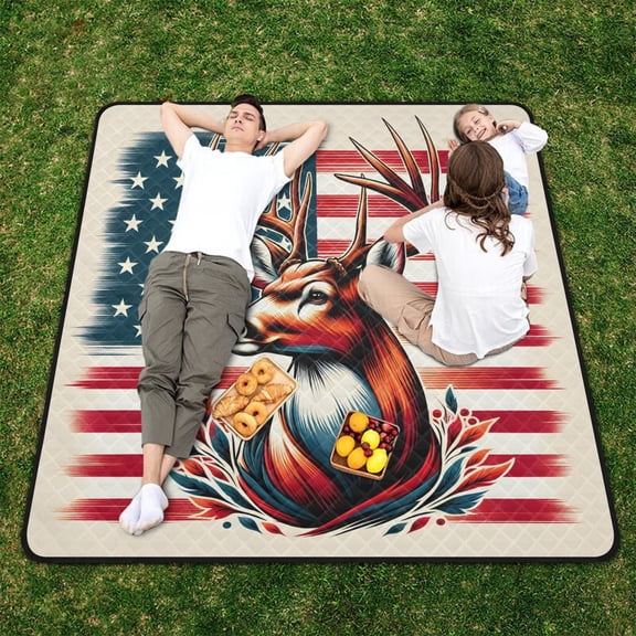 Deer on American Flag Beach Blanket Outdoor Picnic Blanket 78"x 78" Waterproof Foldable for Beach Camping Travel Hiking Grass Lawn Park