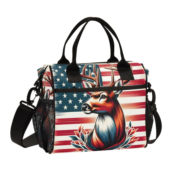 Deer on American Flag Cooler Bag Lunch Bag Soft Cooler Cooling Tote Insulated Lunch Box for Adult Men Women