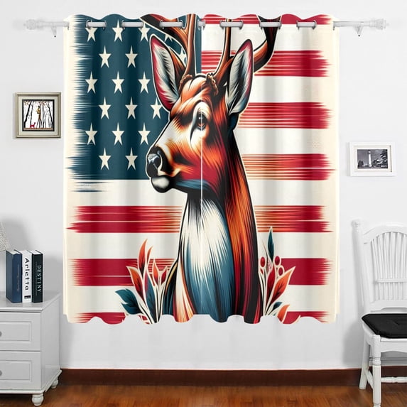 Deer on American Flag Curtains Black Out 63 Inch Length Curtains for Sliding Glass Doors Bedroom Living Room 2 Panels Set