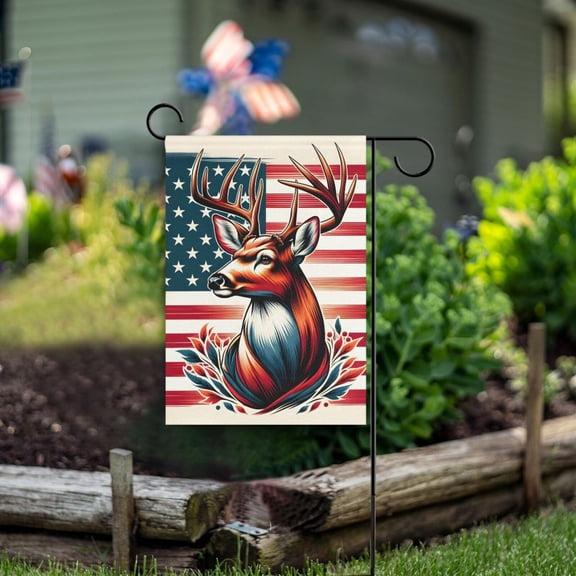 Deer on American Flag Garden Flag Double Sided Outdoor Banners for Courtyard Outdoor Lawn Farmhouse Holiday Decorations