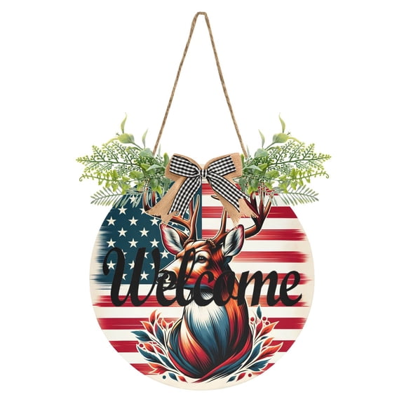 Deer on American Flag Welcome Sign for Front Door Wreath Door Sign for Farmhouse Porch Decoration Indoor Outdoor