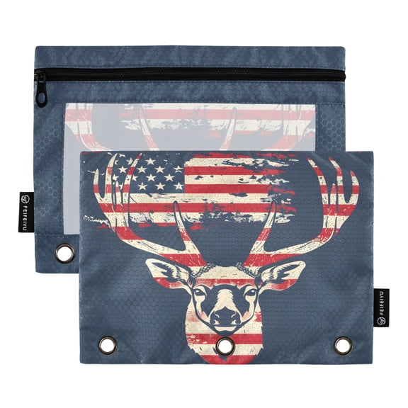 Deer with American Flag 2 Pack Pencil Pouch for 3 Ring Binder Smooth Zipper Folders with Pockets Clear Window Pencil Case