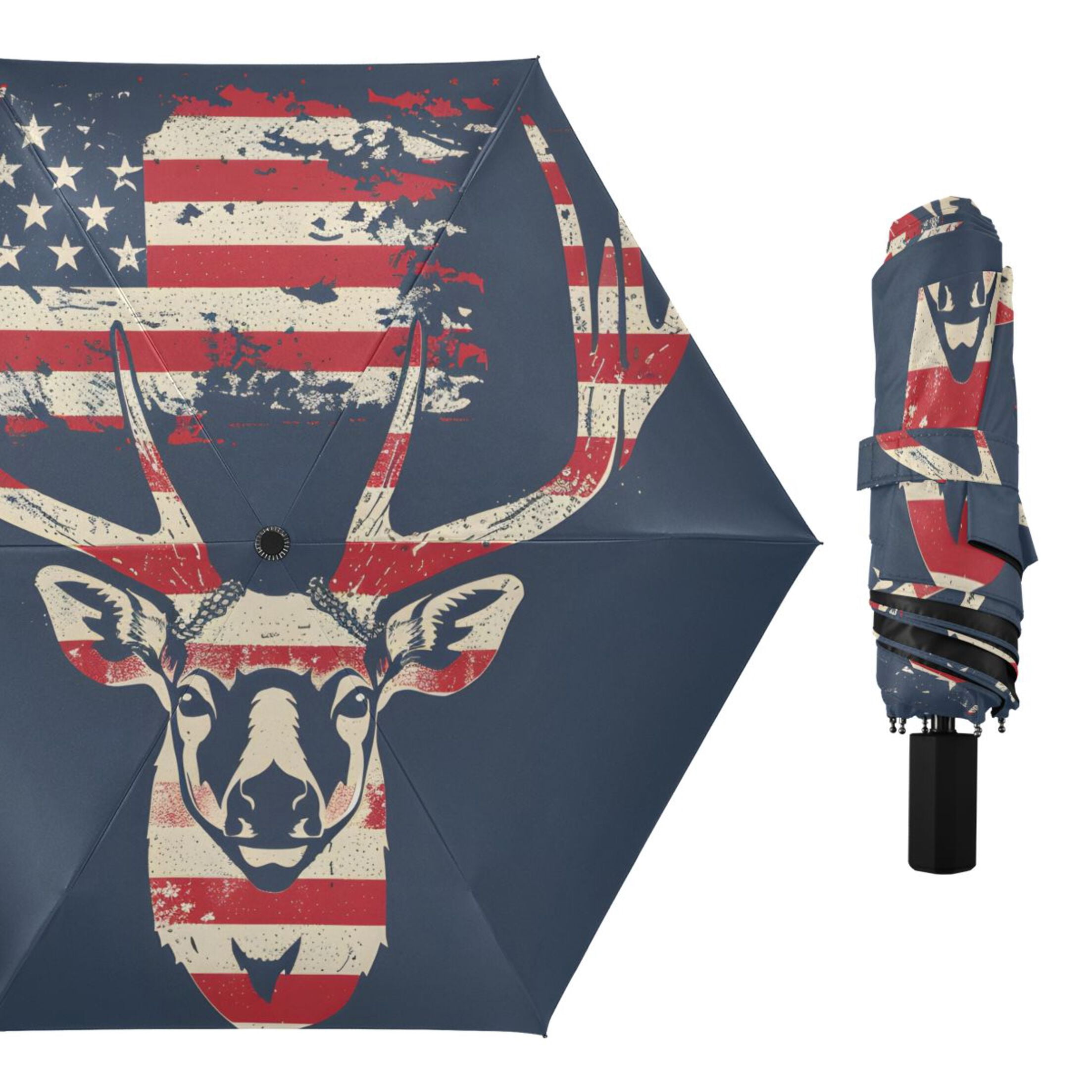 Deer with American Flag Compact Sun Umbrella Windproof Travel Umbrellas for Rain Strong Portable UV Protection