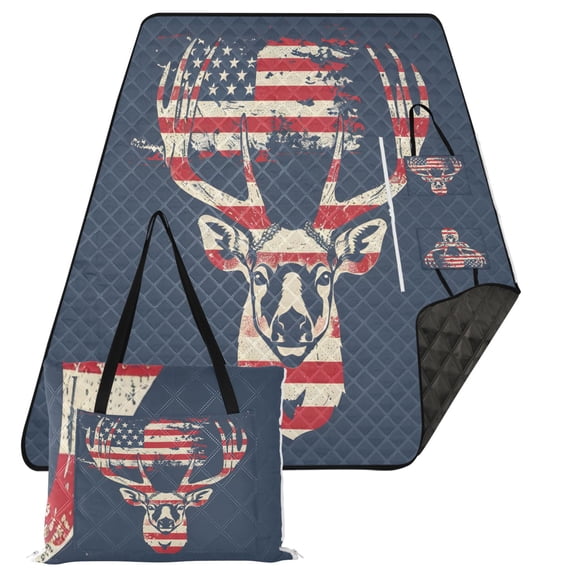 Deer with American Flag Extra Large Picnic Beach Blanket Waterproof Sand Proof Portable Outdoor Mat 80x118