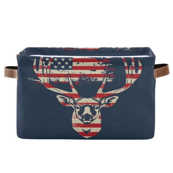 Deer with American Flag Storage Bins with Handle Fabric Organizer Basket Foldable Box 1 Pack 14.2x10.2x8.3