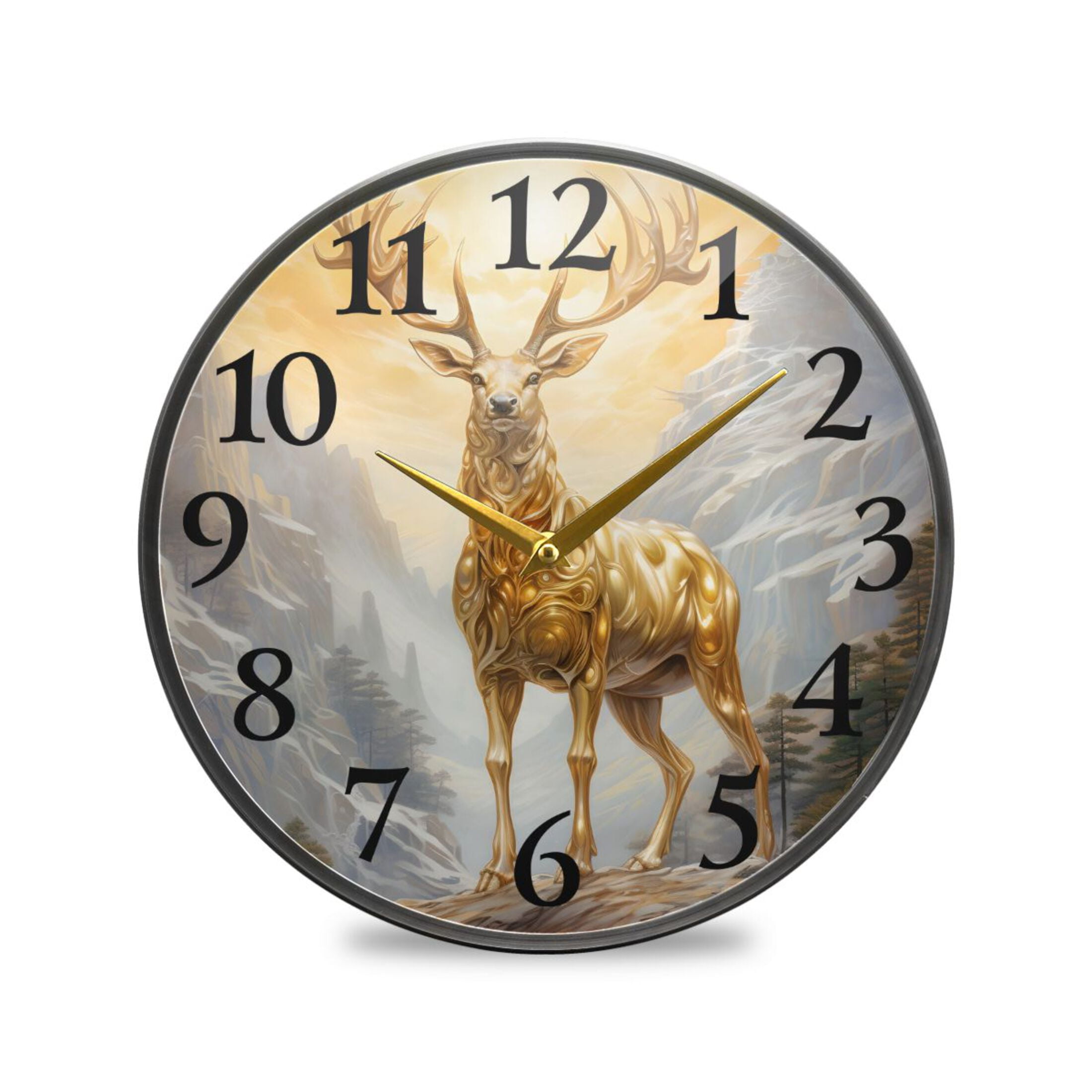 Deer with Golden Wall Clocks Battery Operated 11.9 Inch Round Clock ...